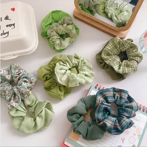 2020 Korean Cute Little Flower Hair Scrunchies Female Green Series Head Rope Elastic Rubber Band Tie Hair Ring Hair Accessories