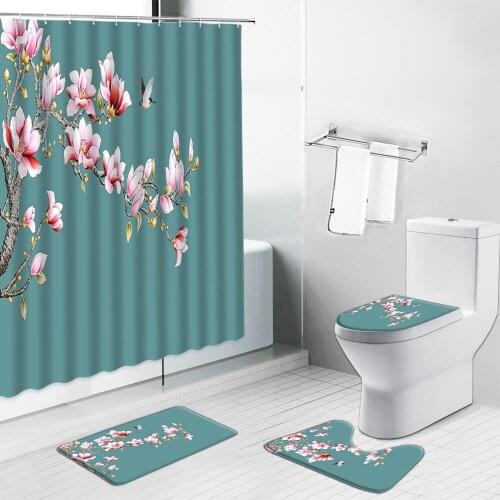 Pink Flower And Bird Shower Curtains Bath Mat Non-slip Rugs Chinese Style Scenery Toilet Carpet Bathroom Decor Screen Luxury Set