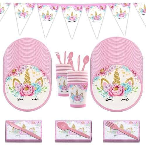 Pink Unicorn Disposable Tableware Unicorn Plate Cup Napkin Unicorinon Happy Birthday Party Decor Kids Girl 1st Baby Showr
