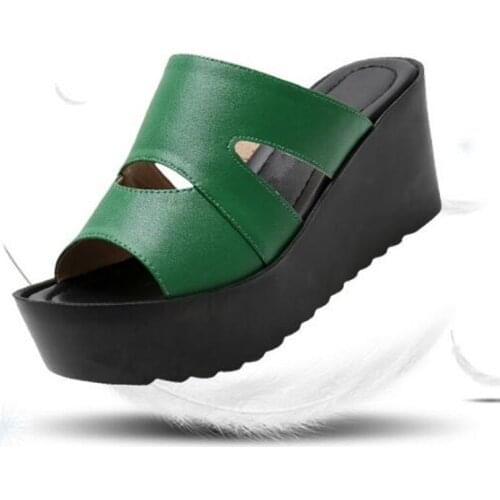 2020 New Elegant Summer Leather Slippers Women Casual Sandals Comfortable Non-slip Platform Shoes Woman Wedge Sandals Slippers