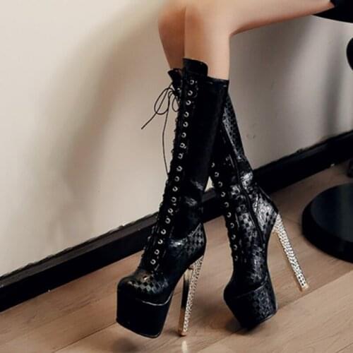 Platform Mid Calf Boots Women Shoes 15cm High Heels Crystal Snakeskin Fenty Beauty Boots Fashion Gothic Lace Up Ladies Boots