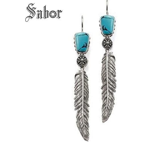 Blue Stone Feather Swan Neck Drop Earrings 2020 New Fashion Jewelry Ethnic silver color Gift For Women thomas