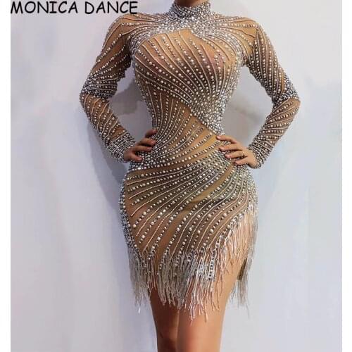 Sexy Stage Silver Rhinestones Pearls Fringe Transparent Dress Bar Birthday Celebrate Dress High Neck Outfit Women Dance Dress