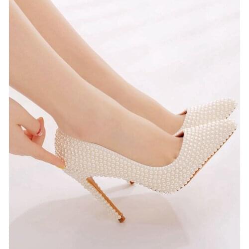 Pumps 11cm Thin Heel Pointed High Heels wedding Shoes Sweet Stage Performance Womens Shoes Banquet Handmade pearl single shoe
