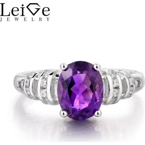 Leige Jewelry Oval Cut Natural Amethyst Ring Proposal Ring Purple Gemstone 925 Sterling Silver February Birthstone Rings for Her