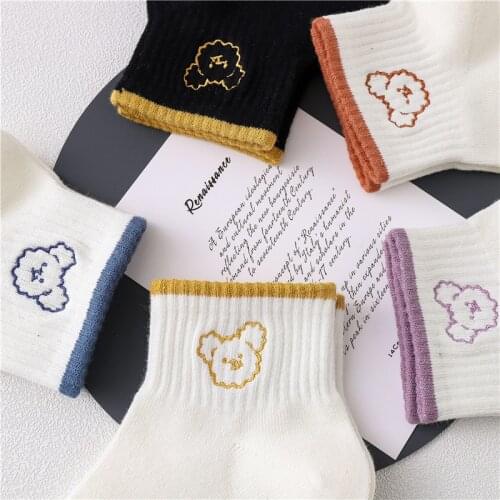 Spring Summer White Breathable Sports Women Short Socks Simple Cute Bear Face Embroidery Cotton Ankle Socks Fashion Korean Style