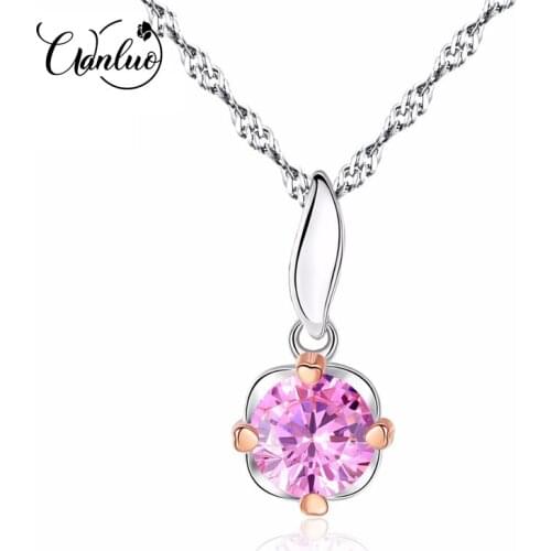 WANLUO Simple Flowers Style Romantic Pink Zircon Stone Shiny Women 925 Silver Two-Color Gold Pendant Necklace Water Wave Chain