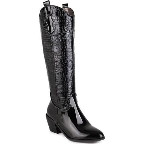 Bright Leather Pointed-Toe Stone Grain Knee-Length Boots Apricot Wedge Snake-Print Womens Boots Thick Heel V-Shaped Boot Open