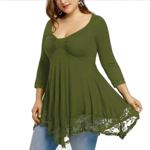 Plus Size Low Cut Tee Shirt Women Irregular Lace Patchwork Long Sleeve Tunic Top Plain T-Shirt L-5XL