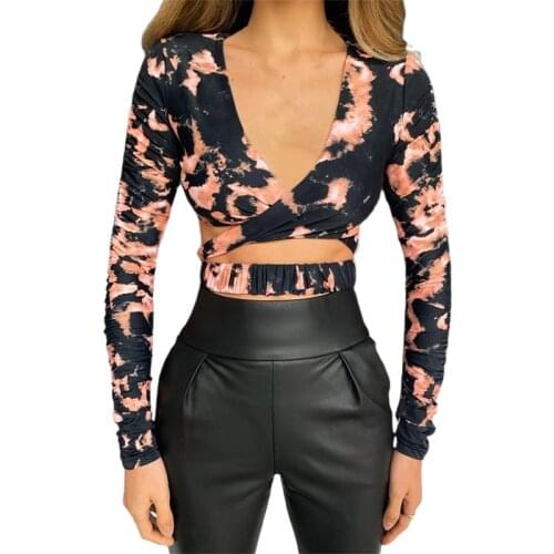 WomenS T-Shirt Cross-Wrapped Cropped Top Pleated Long-Sleeved V-Neck 2021 Spring And Autumn Sexy High Street Self-Cultivation