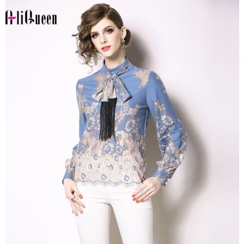 High Quality Women Lace Blouses Shirts 2019 Fashion Spring Autumn Printed Flowers Hollow Out Shirts Tops Blouses Slim Bowknot