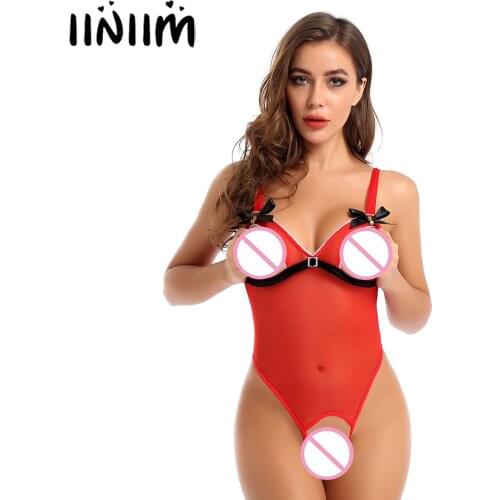 Womens Femme Christmas Sissy Lingerie Exotic Costumes See Through Mesh Straps Open Cup Nipples Crotchless High Leg Cut Bodysuit