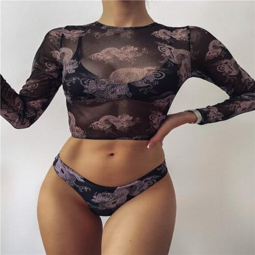 3 Pcs Women Dragon Print Bathing Suits Adults Spaghetti Strap Bikini Top with Chest Pad + See-through Crop Top + Thong Biquinis