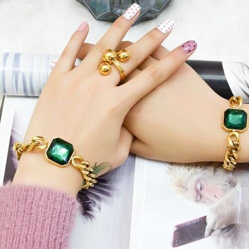 Fashion Exaggeration Cuban Link Chain Green Jade Cut Stone Bracelet Gold Color Stainless Steel Bangle Trendy Women Jewelry