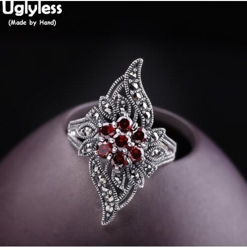 Uglyless Tempting Garnet Red Flower Rings for Women Marcasite Rhombus Wide Open Rings 925 Silver Thai Silver Fine Jewelry R860