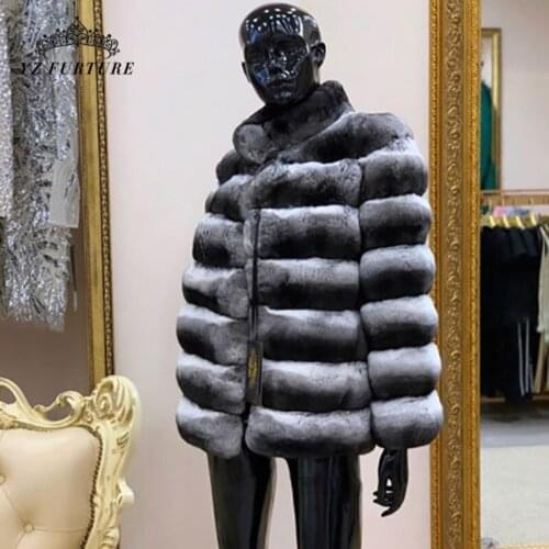 Hot Promotion Chinchilla Women Winter Rex Rabbit Coat Real Natural Fur Coat Winter warm With Fur Collar Jacket Classic Style