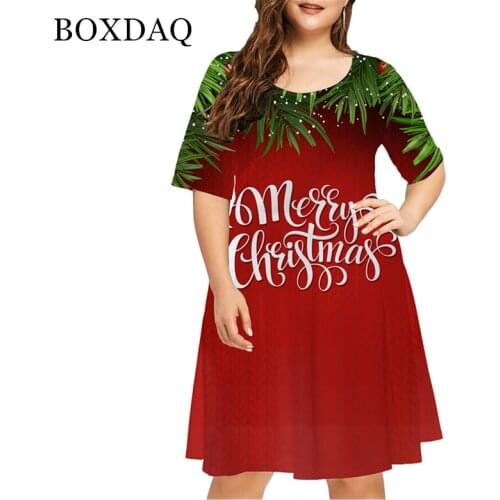 4XL Plus Size Women Merry Christmas Letter Print Dress Casual Streetwear Short Sleeve Loose Dress Ladies Vintage Mini Dress 2021