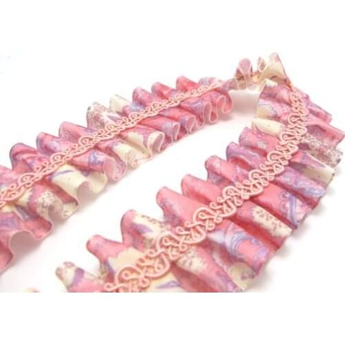 1 5/8 Inch Pink Floral Pleated Printed Polyester Ribbon with Woven Rosette Trim|Headband Supplies|Hair Embellishment