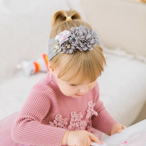 1PCS Girls Flower Nylon Headband with Pearl, Vintage Floral Hair Bows Elastic Hairband for Kids Headwear Hair Accessories