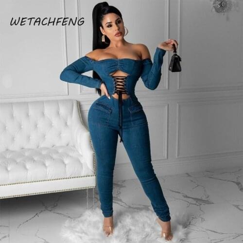 2021 Women Denim Jumpsuit Sexy Off Shoulder Spring Long Sleeve One Piece Outfit Bodysuit Overall Plus Size Romper Female Clothes