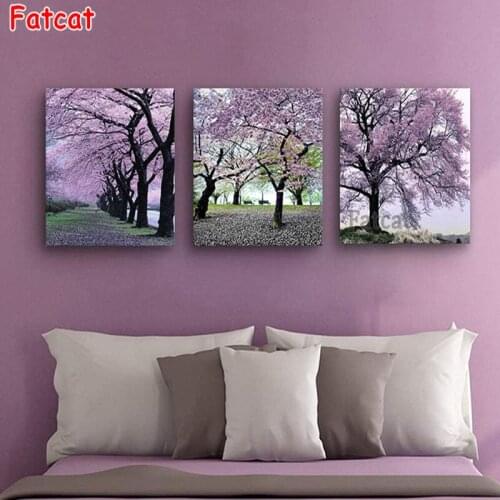 Triptych Diy Diamond Embroidery Cherry blossom Trees Diamond Painting Cross Stitch Rhinestone Diamond Mosaic Full Square PP1455