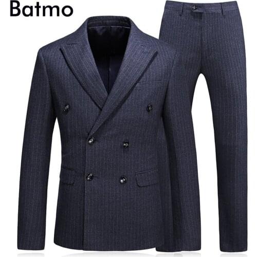 Batmo 2018 new arrival high quality striped double breasted casual suits men,mens wedding dress,plus-size S-5XL 6023