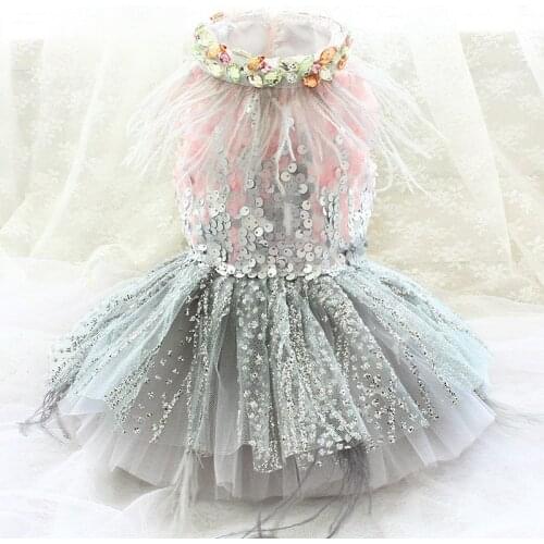 Free Shipping Handmade Dog Clothes Gorgeous Gradient Color BlingBling Feather Sequin Grey Skirt Tutu Pet Cat Princess Dress