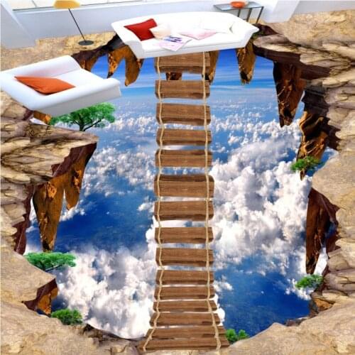 Free shipping Sky floating wooden bridge painting custom 3d floor mural anti-skidding thickened living room mural wallpaper