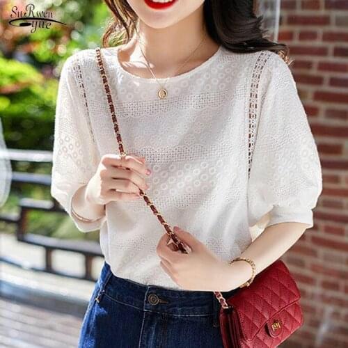 Summer New 2021 Korean Fashion Womens Lantern Sleeve Loose Shirts Embroidery Cotton Lace O-neck Casual Blouses Plus Size 13440
