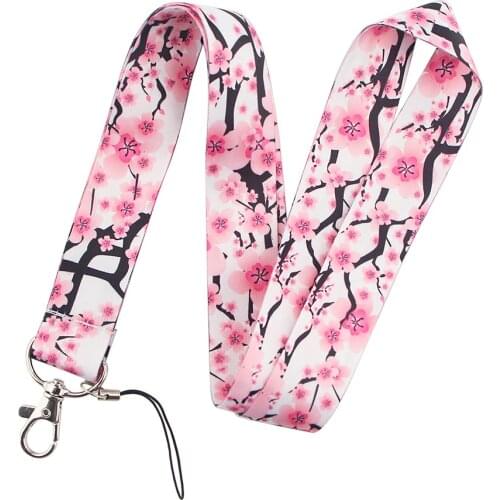 ER149 Pink Cherry Blossom Painting Art Key Chain Lanyard Neck Strap For Phone Keys ID Card Creative Lanyards