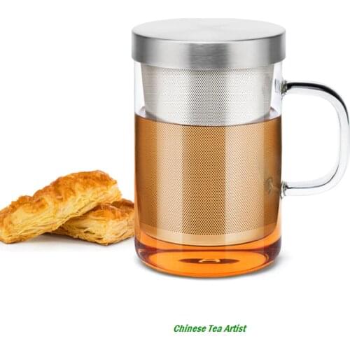 Hand Blown Heat Resistant Glass Tea Cup with Multi-Color Handle,Stainless Steel Infuser and Lid 500ml for Tea or Coffee Drinking