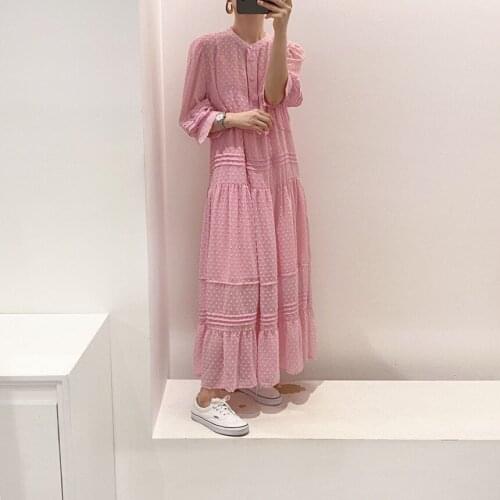 Polka Dot Pink Long Dress O-Neck Long Sleeve Casual Loose Spring Party Dress Korea Vintage Elegant Single-breasted Ruffles Dress