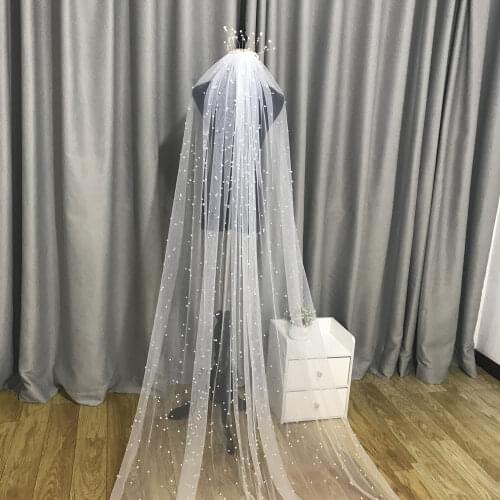 Hot Sale Women Tulle Bridal Veil Pearl Wedding Veil 1 Tier Short Veil long veil White ivory veil wedding accessories With comb