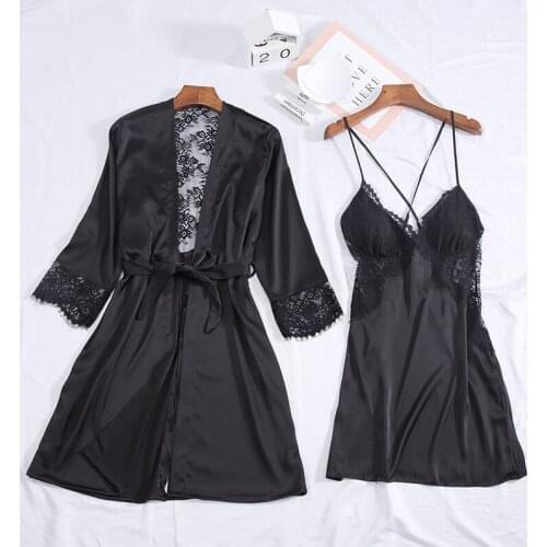 Ladies 2PCS Robe Suit Sexy Lace Backless Kimono Bathrobe Gown Silky Satin Sleepwear Nightwear Intimate Lingerie Home Clothes