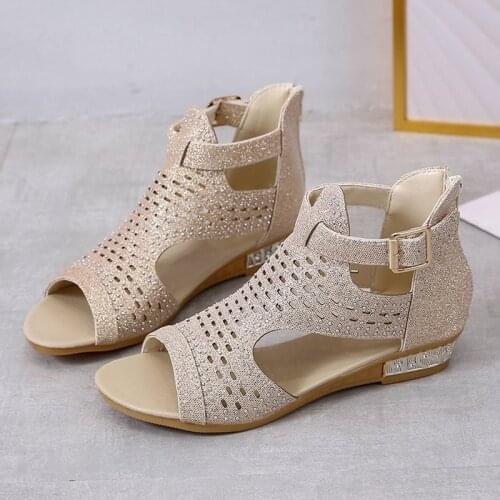 2021 Newest Sandals Woman Summer Leather Vintage Sandals Buckle Casual Crystal Women Retro Sandalias Female Ladies Wedges Shoes