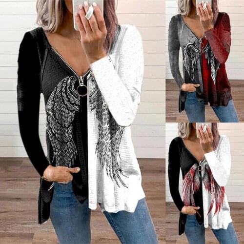 New Autumn Angel Wing Print Long Sleeve Tops Vintage V Neck Zipper Pullover Shirt Casual Loose Plus Size Womens T-shirt