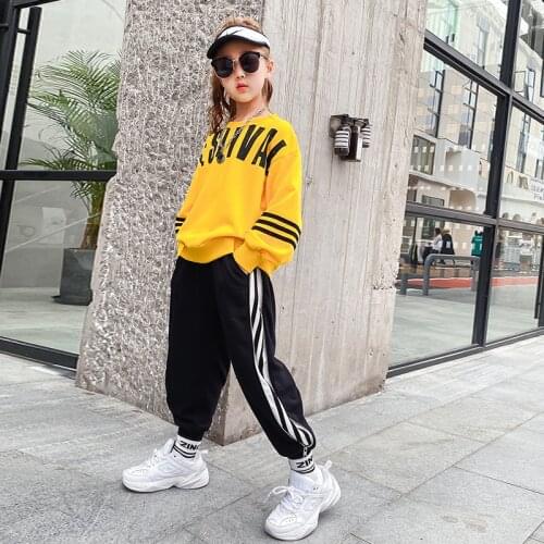 Big Girls Clothes Casual Outfits 6 8 9 10 11 12 13 Years Teens Girl Sportswear Suit Letters Pullovers Yellow Striped Sweat pants