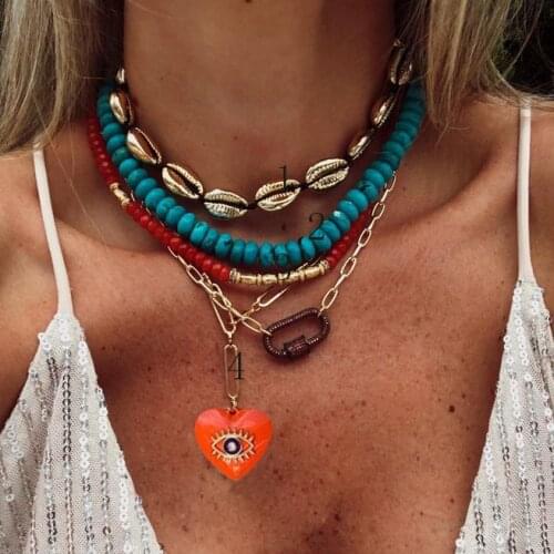 Boho CHUNKY Collar Jewelry orange heart pendant gold chain evil eye charms necklace wholesale Choker Birthday Gift Bijoux Femme