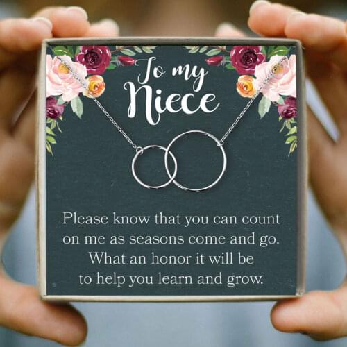 Double Circles Chain Necklace Women Clavicle Short Infinity Pendant Necklace Wishing Card Gift to My Niece