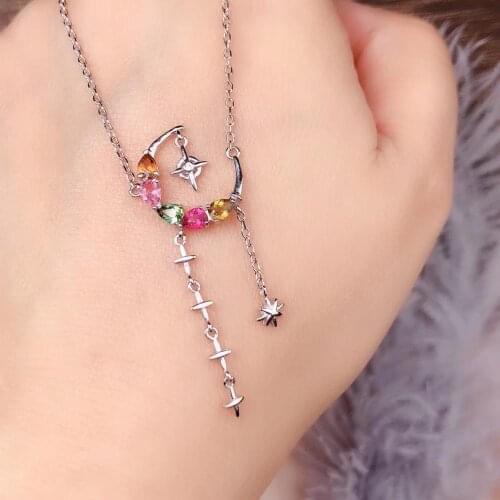 Lovely Tassels strand Natural Multicolor tourmaline Necklace Natural gemstone Pendant Necklace 925 sliver girl party Jewelry