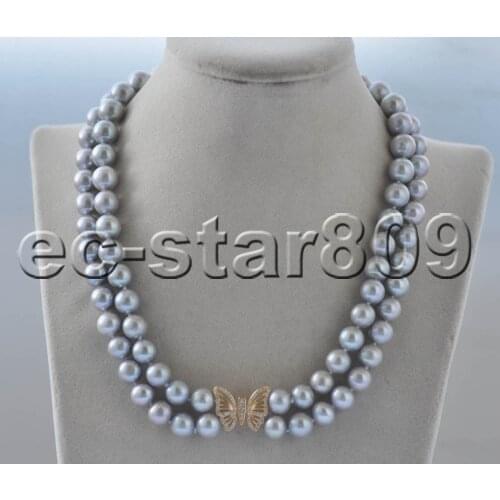 Z11152 A+ 2Row 18" 11mm Round Gray Freshwater Pearl Necklace Bowknot Women