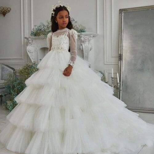 White Long Sleeve Flower Girl Dresses Princess Jewel Neck Girls Birthday Party Dress Christmas Tiered Skirt First Communion Gown