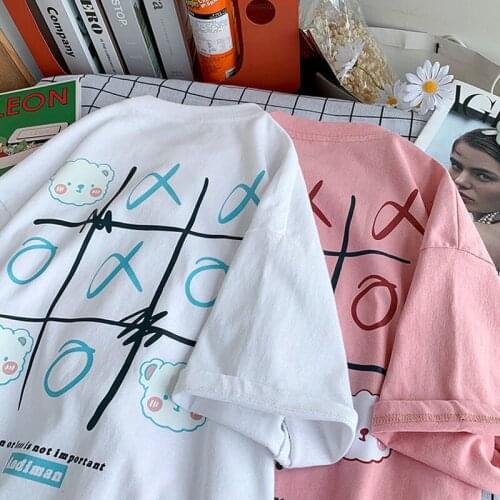 Pink Cute Kawaii Womens Short-sleeved T-shirt Summer Loose Plus Size Casual Clothes Retro Womens Top Cotton Grunge Aesthetic