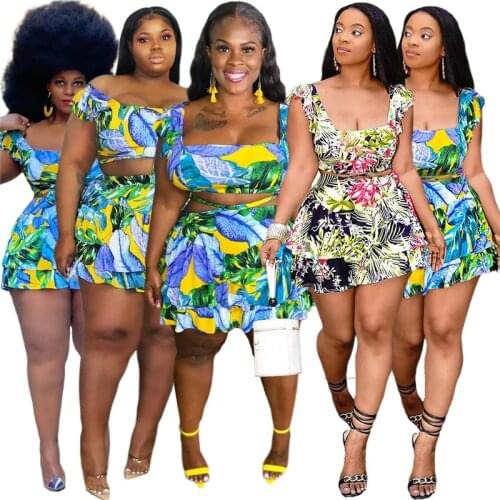 S-5xl Two Piece Set Women Plus Size Skirts Sets Summer Sweet Print Lace Up Vest Ball Gown Beach Outfits Wholesale Dropshipping