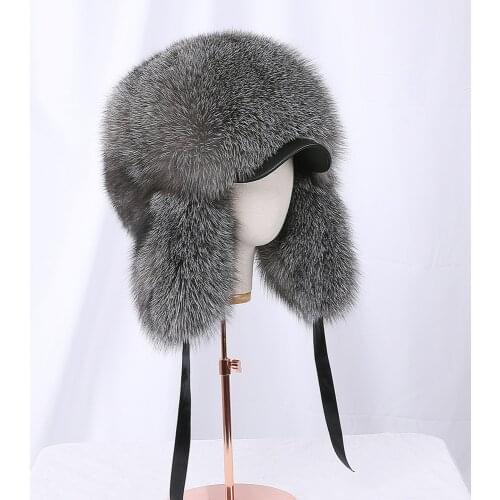 2020 Winter Unisex 100% Real Fox Fur Bomber Hat Raccoon Fur Ushanka Cap Trapper Russian Ski Hats Caps Real Leather Thick Warm