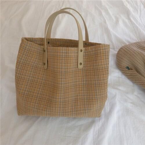 Retro Plaid Women Cotton Handbag With Leather Handle Female Simple Tote Bag Large Capacity Thickened Mummy Portable Bag 2020 New