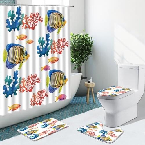 Tropical Cartoon Fish Coral Shower Curtain Non-Slip Flannel Rugs Toilet Cover Bath Mat Bathroom Set Home Indoor Decor Washable