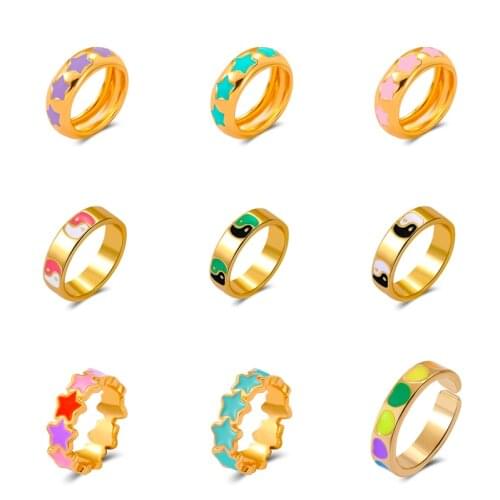 Vintage Gossip Star Rings for Women Geometric Metal Colorful Enamel Engagement Ring Female Ins Style Cute Couple Wedding Jewelry
