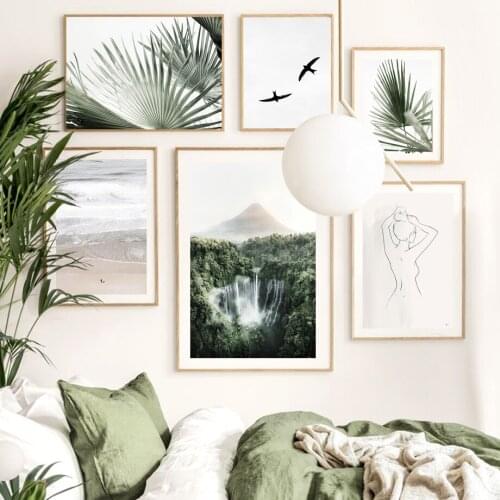 Waterfall Green Palm Leaves Calm Beach Birds Nordic Poster Wall Art Print Canvas Painting Decoration Pictures For Living Room