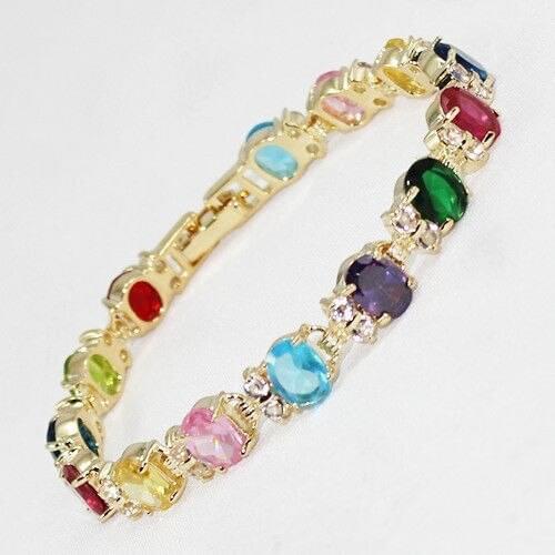 Jewelry Multicolor Crystal Faceted 18K Gold-Plated Bangle Bracelets 7.5"AAA